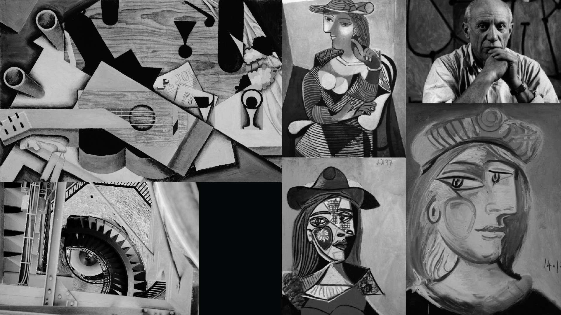 Black-and-white collage of cubist artworks and a portrait of Pablo Picasso.
