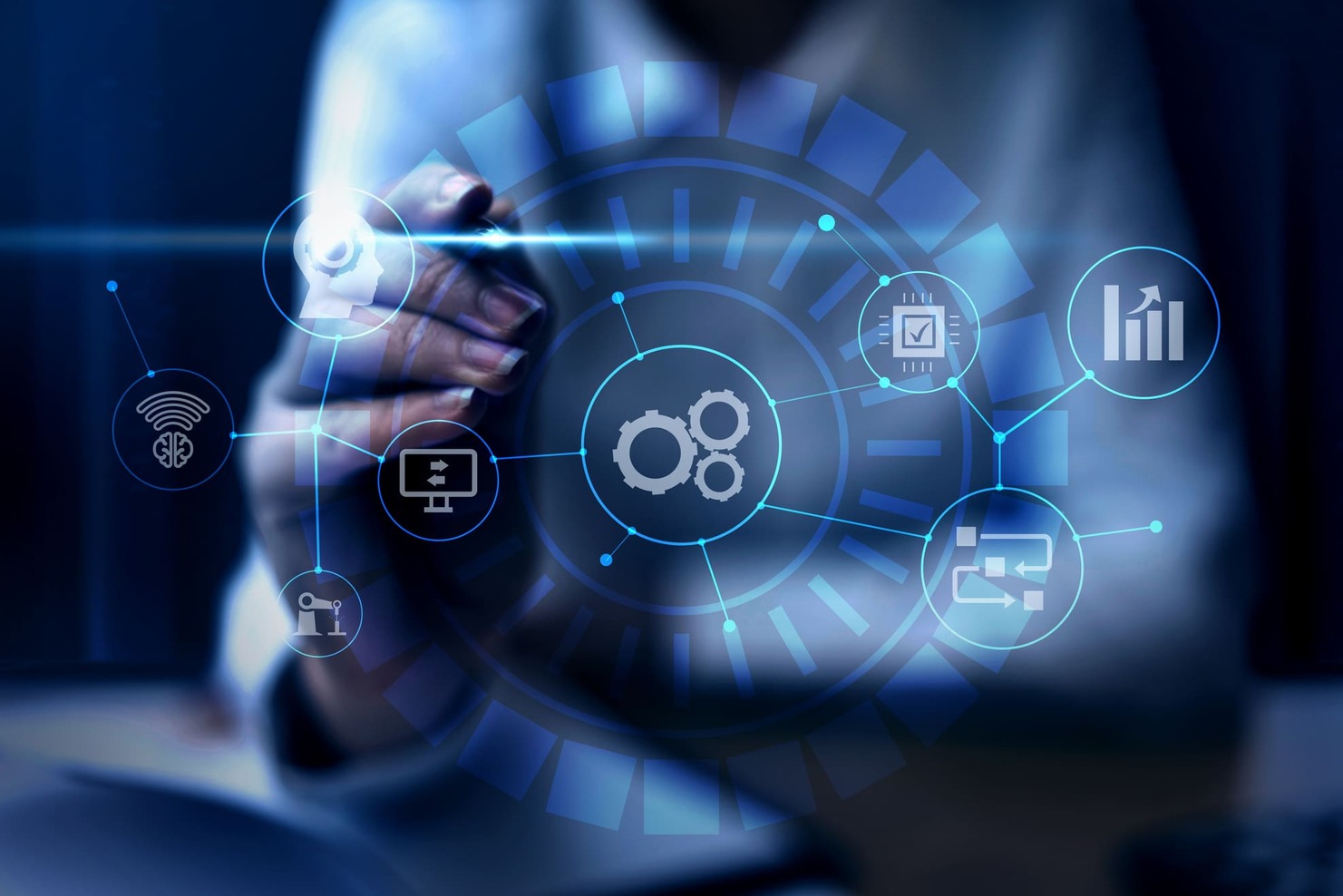 Person using a blue digital interface with connected automation and analytics icons.